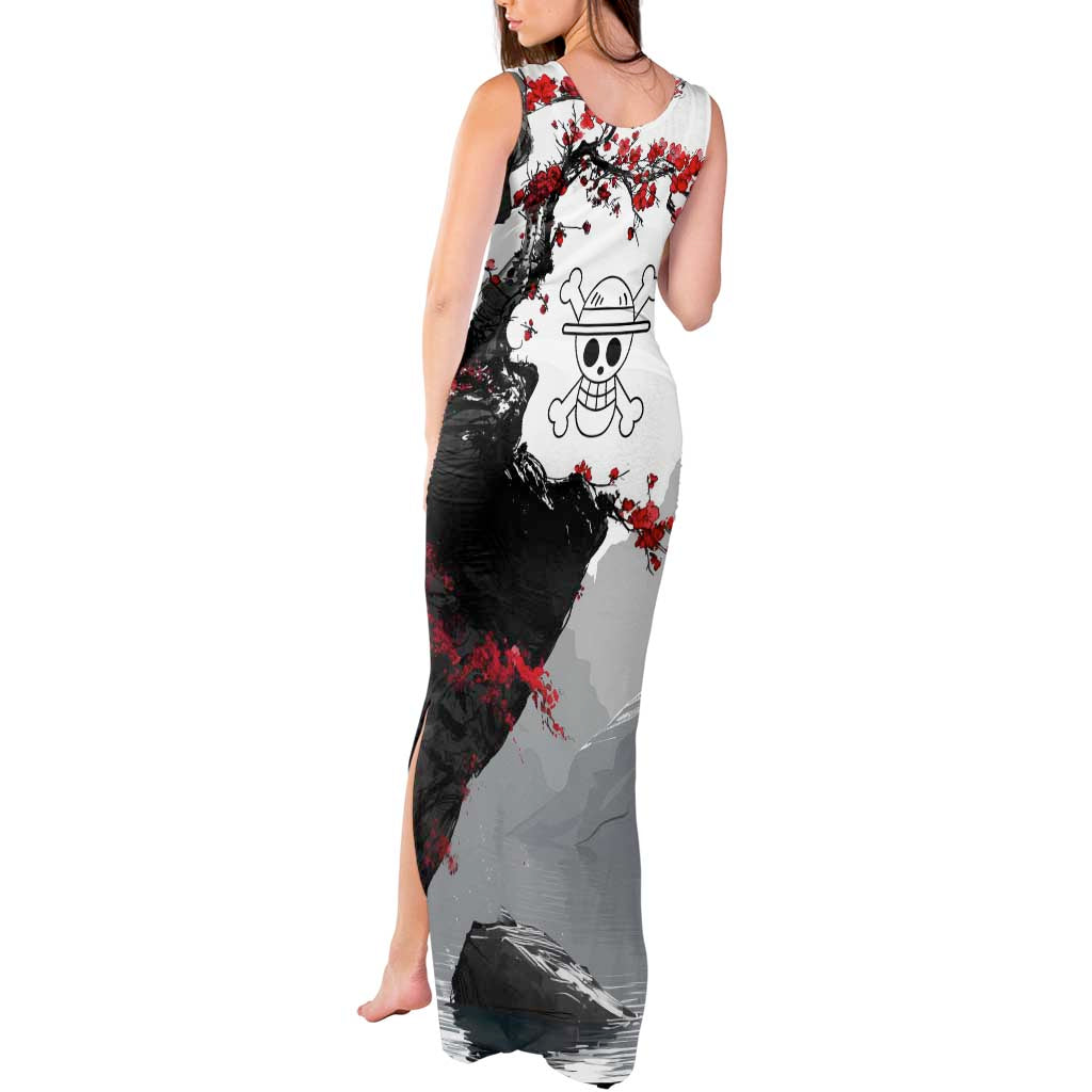 Luffy Gear 3 One Piece Anime White and Red Japanese Art Style Tank Maxi Dress with Cherry Blossom Tree and Straw Hat Pirates Jolly Roger - The Mazicc