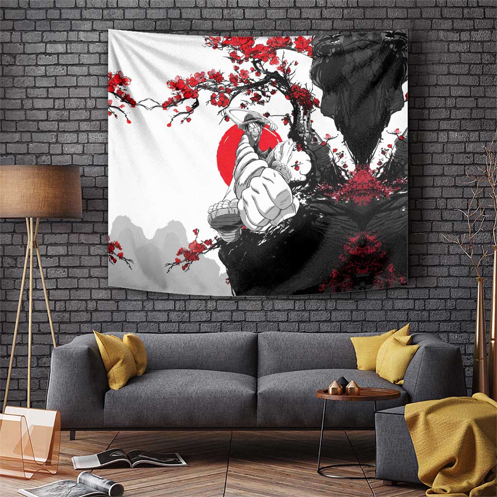 Luffy Gear 3 One Piece Anime White and Red Japanese Art Style Tapestry with Cherry Blossom Tree and Straw Hat Pirates Jolly Roger - The Mazicc