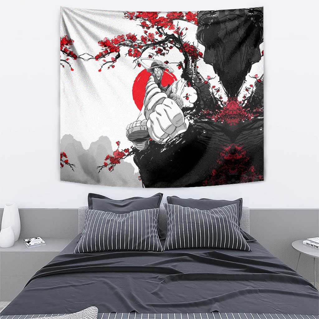 Luffy Gear 3 One Piece Anime White and Red Japanese Art Style Tapestry with Cherry Blossom Tree and Straw Hat Pirates Jolly Roger - The Mazicc