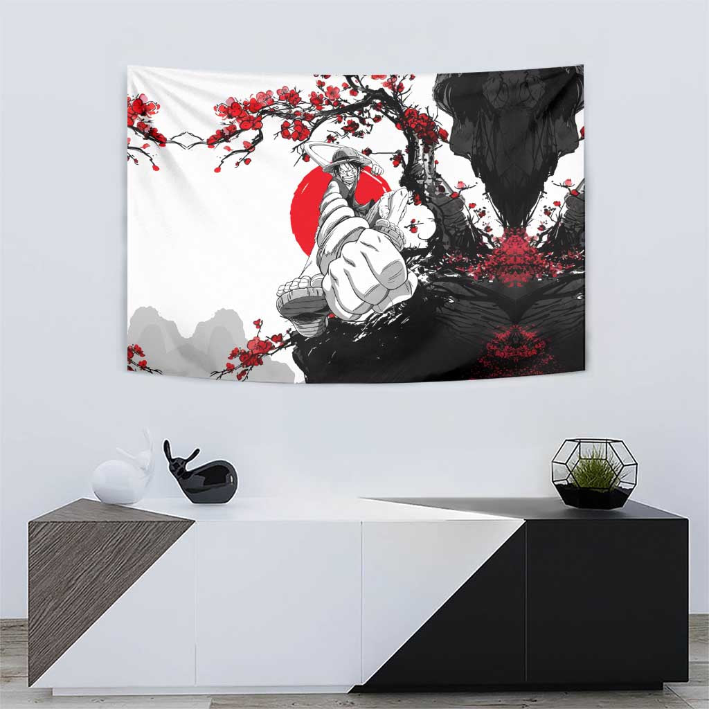 Luffy Gear 3 One Piece Anime White and Red Japanese Art Style Tapestry with Cherry Blossom Tree and Straw Hat Pirates Jolly Roger - The Mazicc
