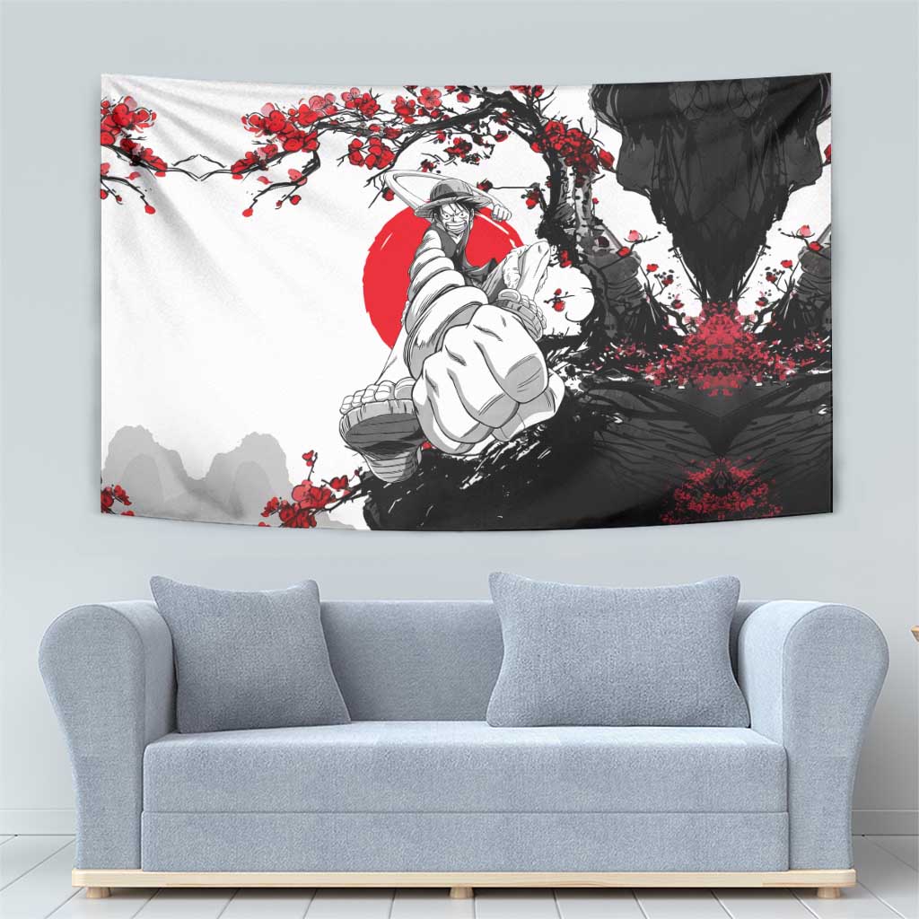 Luffy Gear 3 One Piece Anime White and Red Japanese Art Style Tapestry with Cherry Blossom Tree and Straw Hat Pirates Jolly Roger - The Mazicc