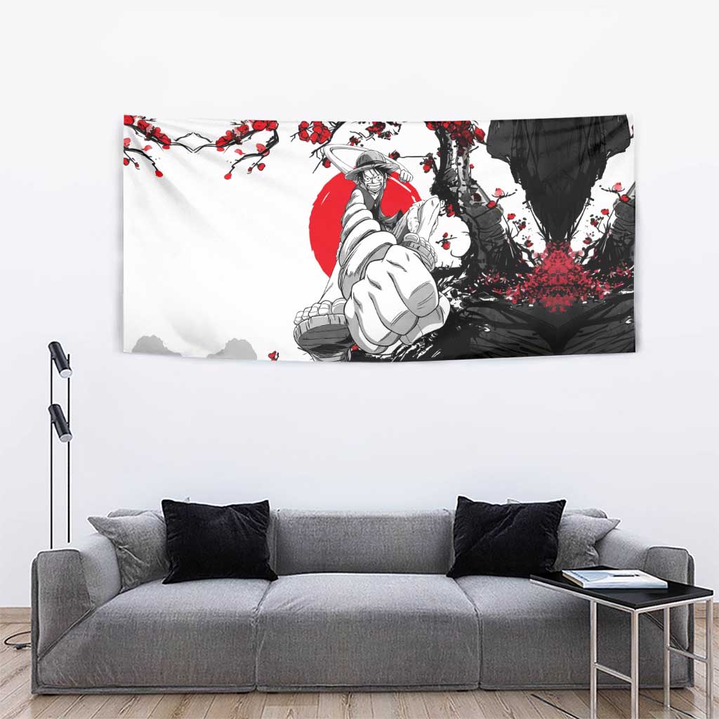 Luffy Gear 3 One Piece Anime White and Red Japanese Art Style Tapestry with Cherry Blossom Tree and Straw Hat Pirates Jolly Roger - The Mazicc