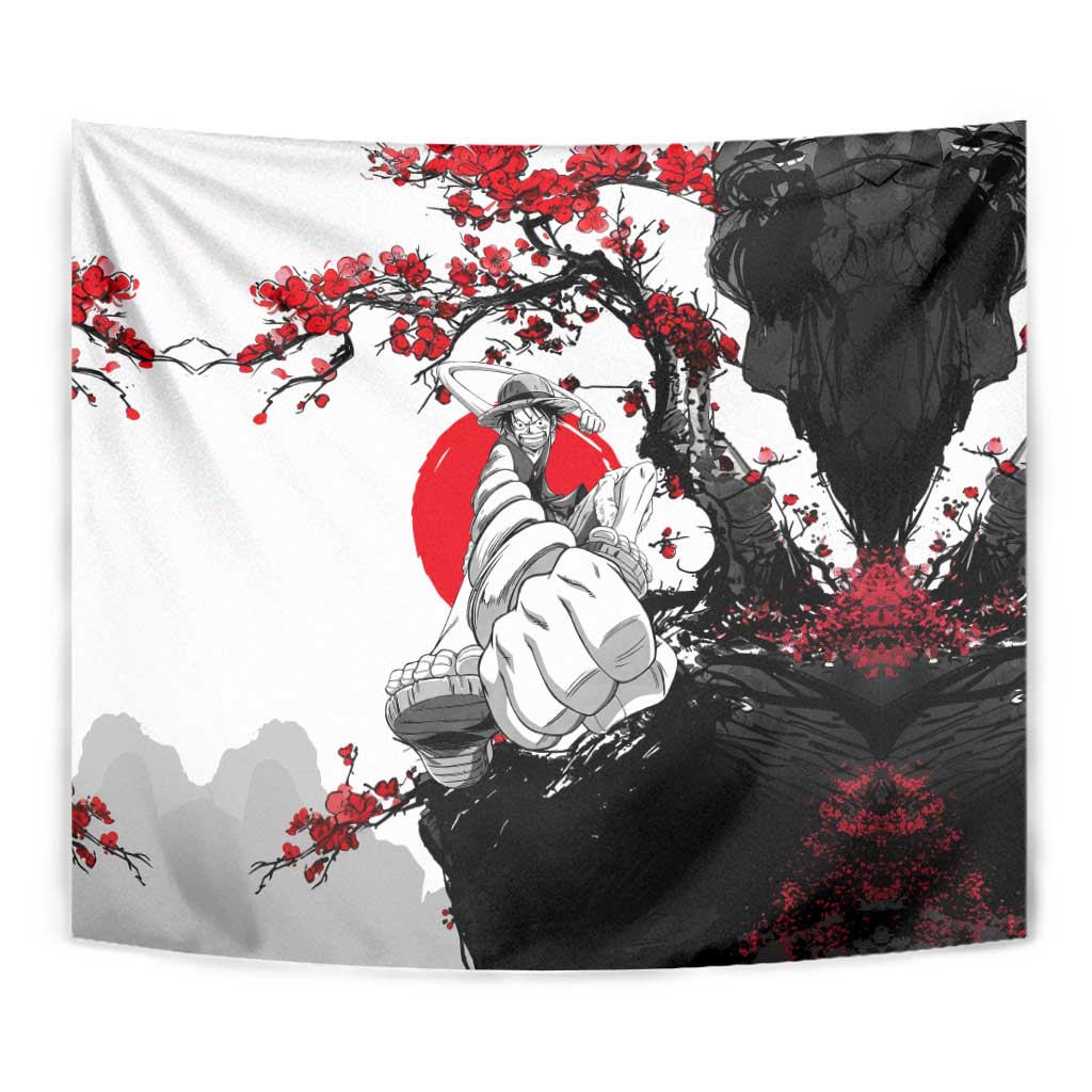 Luffy Gear 3 One Piece Anime White and Red Japanese Art Style Tapestry with Cherry Blossom Tree and Straw Hat Pirates Jolly Roger - The Mazicc