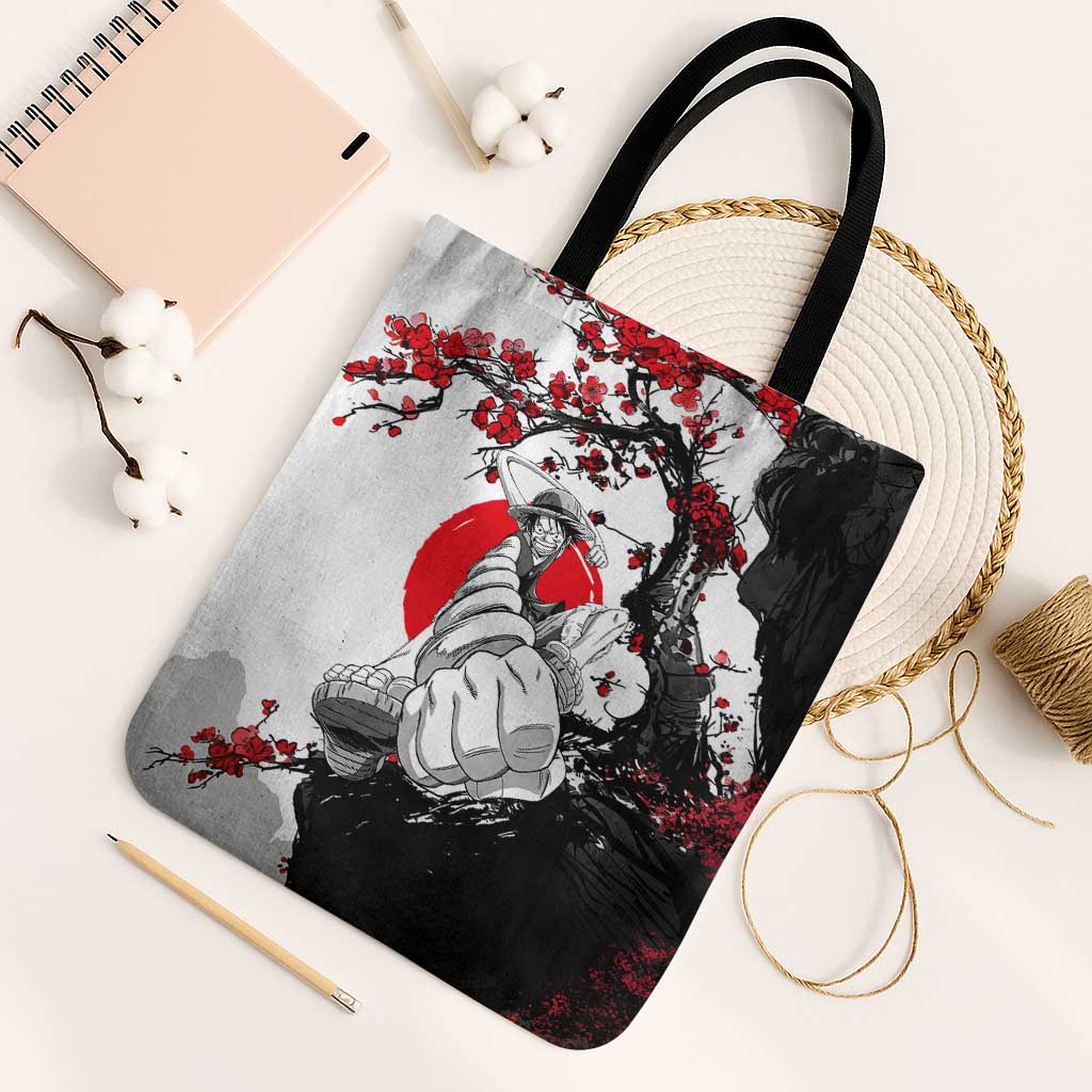 Luffy Gear 3 One Piece Anime White and Red Japanese Art Style Tote Bag with Cherry Blossom Tree and Straw Hat Pirates Jolly Roger - The Mazicc