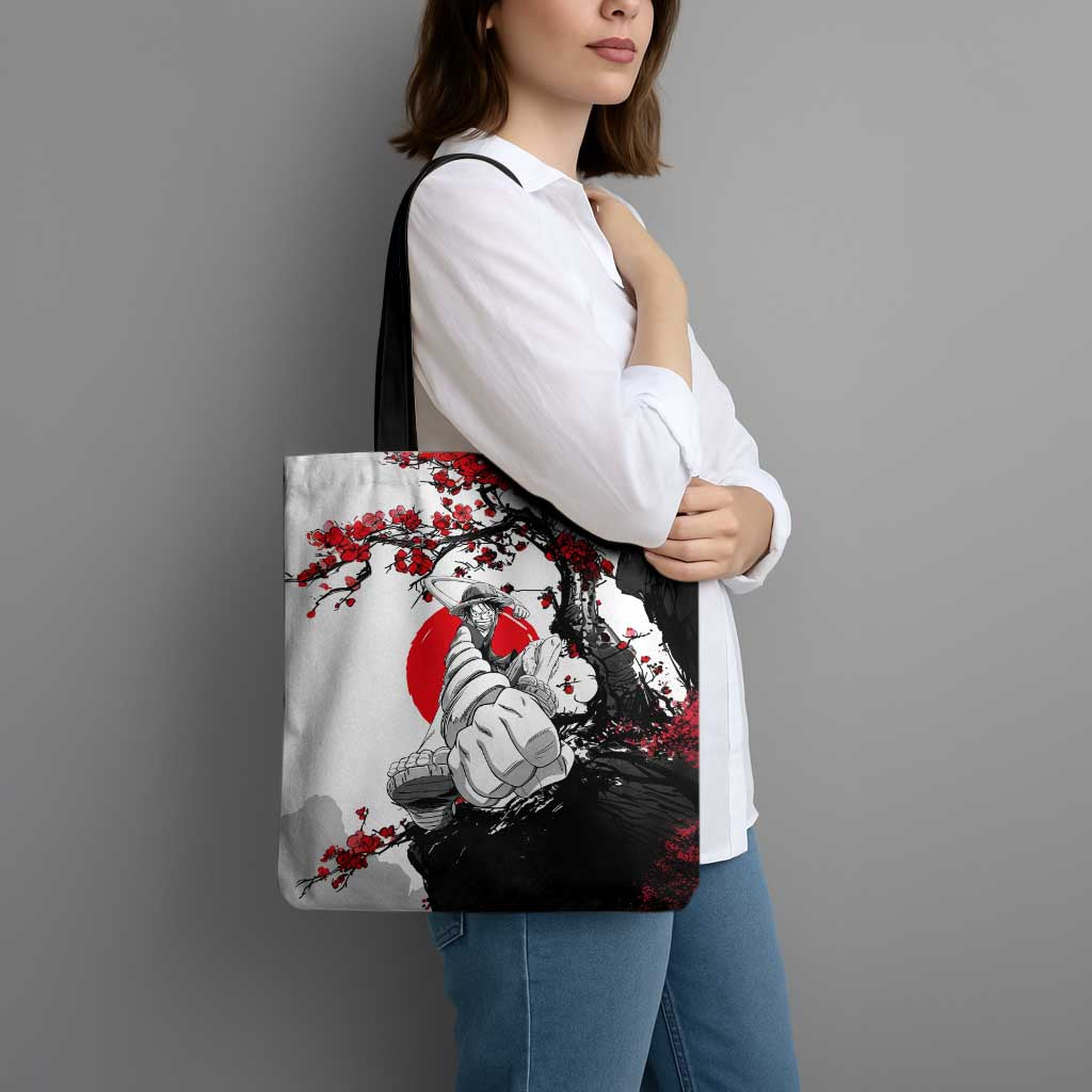 Luffy Gear 3 One Piece Anime White and Red Japanese Art Style Tote Bag with Cherry Blossom Tree and Straw Hat Pirates Jolly Roger - The Mazicc