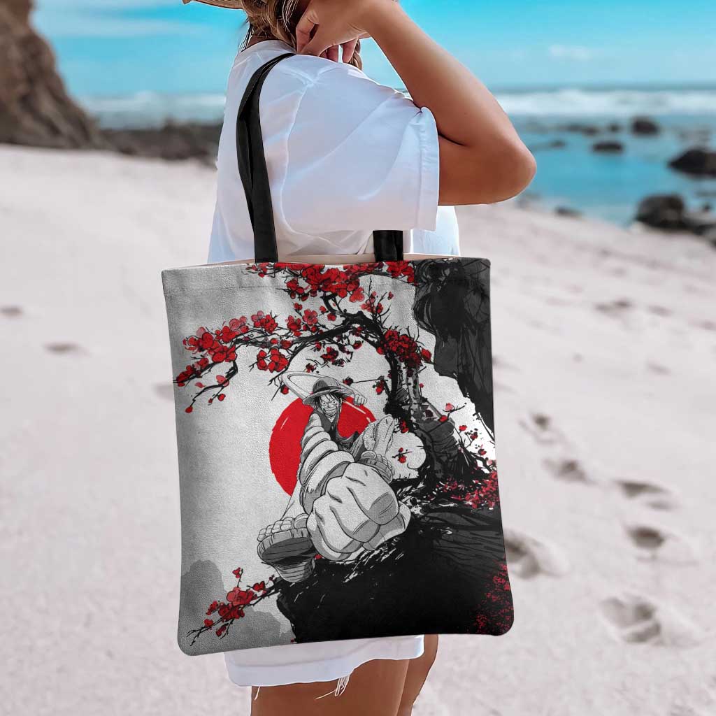 Luffy Gear 3 One Piece Anime White and Red Japanese Art Style Tote Bag with Cherry Blossom Tree and Straw Hat Pirates Jolly Roger - The Mazicc