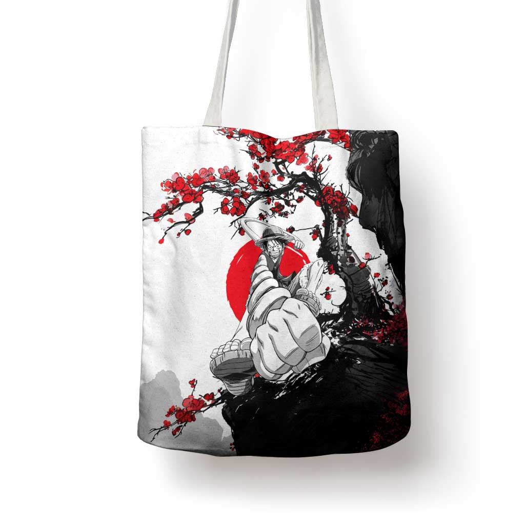 Luffy Gear 3 One Piece Anime White and Red Japanese Art Style Tote Bag with Cherry Blossom Tree and Straw Hat Pirates Jolly Roger - The Mazicc