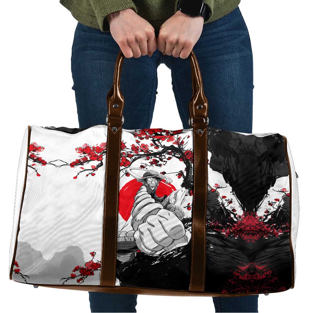 Luffy Gear 3 One Piece Anime White and Red Japanese Art Style Travel Bag with Cherry Blossom Tree and Straw Hat Pirates Jolly Roger - The Mazicc