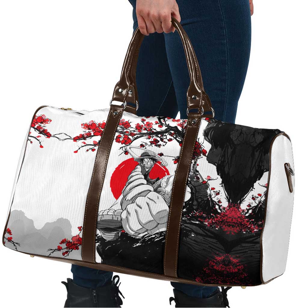 Luffy Gear 3 One Piece Anime White and Red Japanese Art Style Travel Bag with Cherry Blossom Tree and Straw Hat Pirates Jolly Roger - The Mazicc
