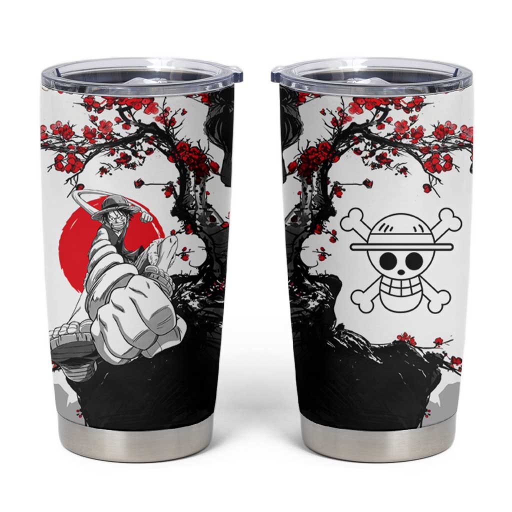 Luffy Gear 3 One Piece Anime White and Red Japanese Art Style Tumbler Cup with Cherry Blossom Tree and Straw Hat Pirates Jolly Roger - The Mazicc