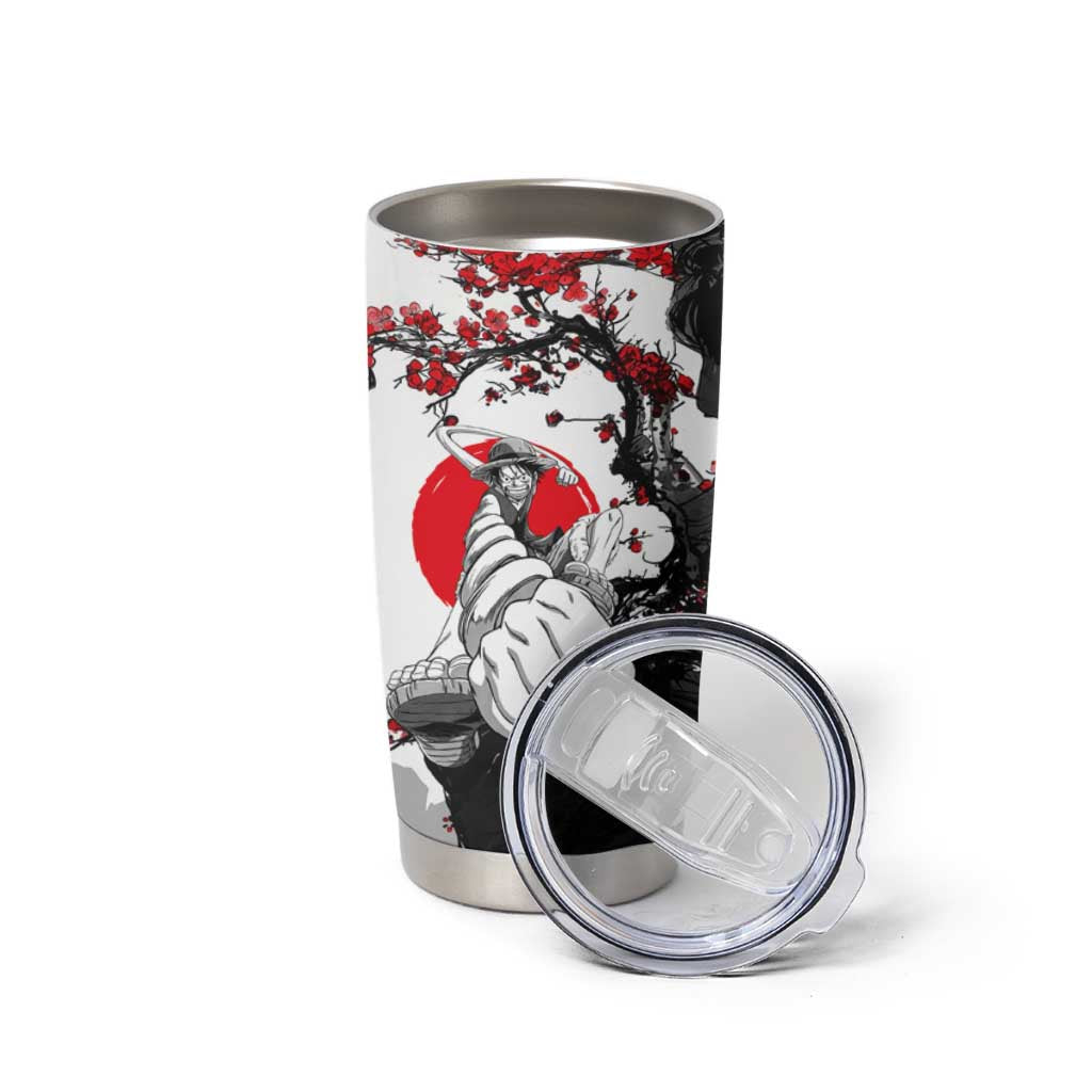 Luffy Gear 3 One Piece Anime White and Red Japanese Art Style Tumbler Cup with Cherry Blossom Tree and Straw Hat Pirates Jolly Roger - The Mazicc