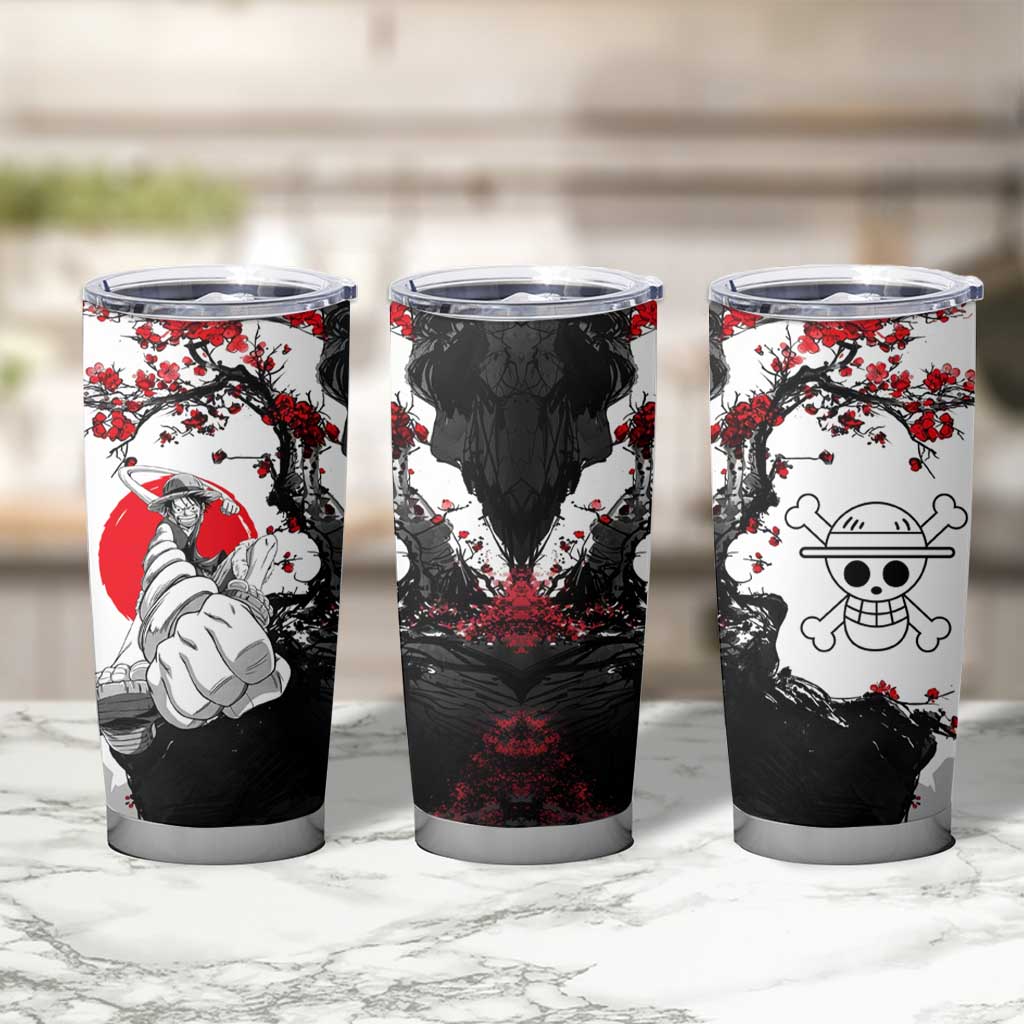 Luffy Gear 3 One Piece Anime White and Red Japanese Art Style Tumbler Cup with Cherry Blossom Tree and Straw Hat Pirates Jolly Roger - The Mazicc