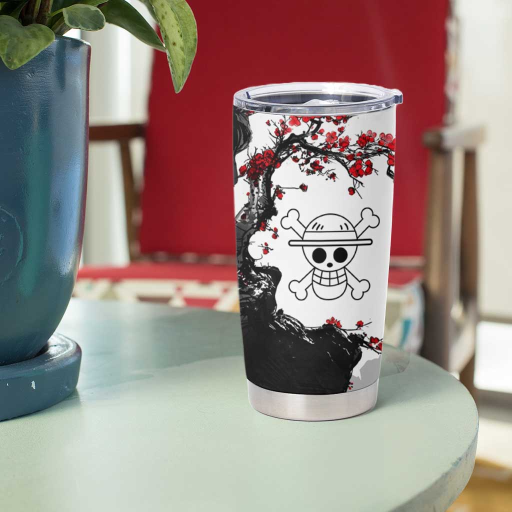 Luffy Gear 3 One Piece Anime White and Red Japanese Art Style Tumbler Cup with Cherry Blossom Tree and Straw Hat Pirates Jolly Roger - The Mazicc