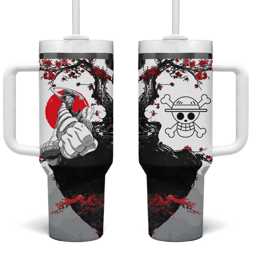 Luffy Gear 3 One Piece Anime White and Red Japanese Art Style Tumbler With Handle with Cherry Blossom Tree and Straw Hat Pirates Jolly Roger - The Mazicc