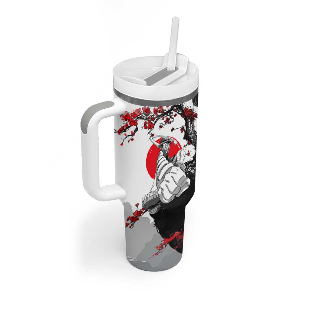 Luffy Gear 3 One Piece Anime White and Red Japanese Art Style Tumbler With Handle with Cherry Blossom Tree and Straw Hat Pirates Jolly Roger - The Mazicc