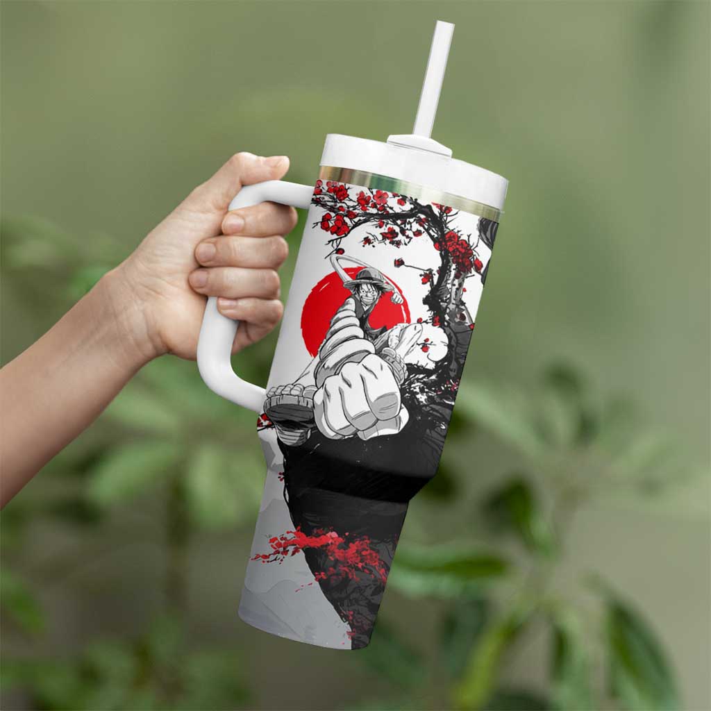 Luffy Gear 3 One Piece Anime White and Red Japanese Art Style Tumbler With Handle with Cherry Blossom Tree and Straw Hat Pirates Jolly Roger - The Mazicc