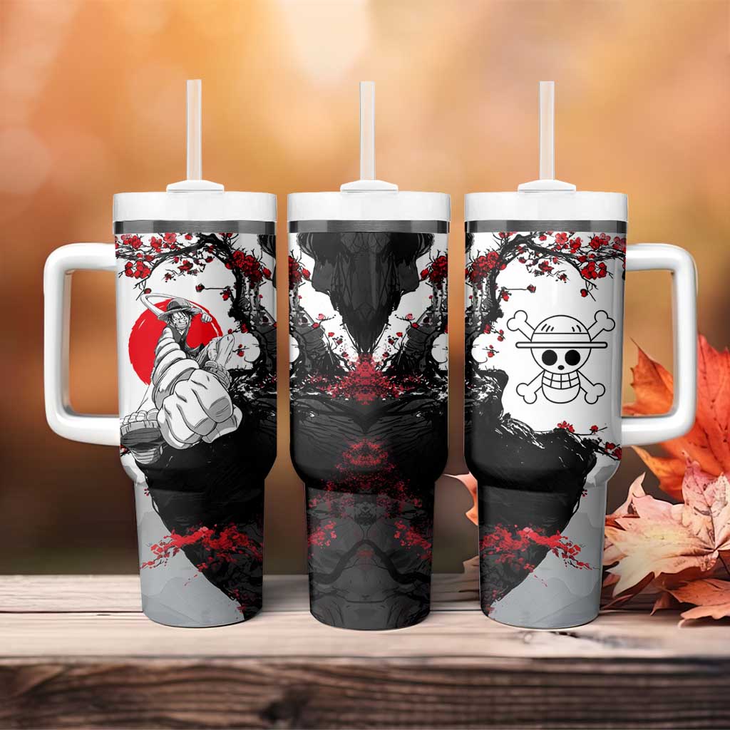 Luffy Gear 3 One Piece Anime White and Red Japanese Art Style Tumbler With Handle with Cherry Blossom Tree and Straw Hat Pirates Jolly Roger - The Mazicc