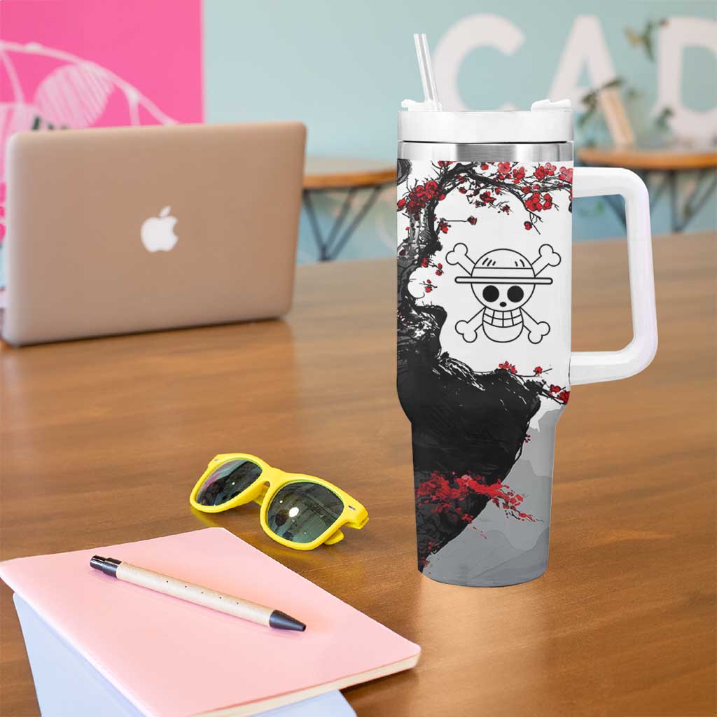Luffy Gear 3 One Piece Anime White and Red Japanese Art Style Tumbler With Handle with Cherry Blossom Tree and Straw Hat Pirates Jolly Roger - The Mazicc