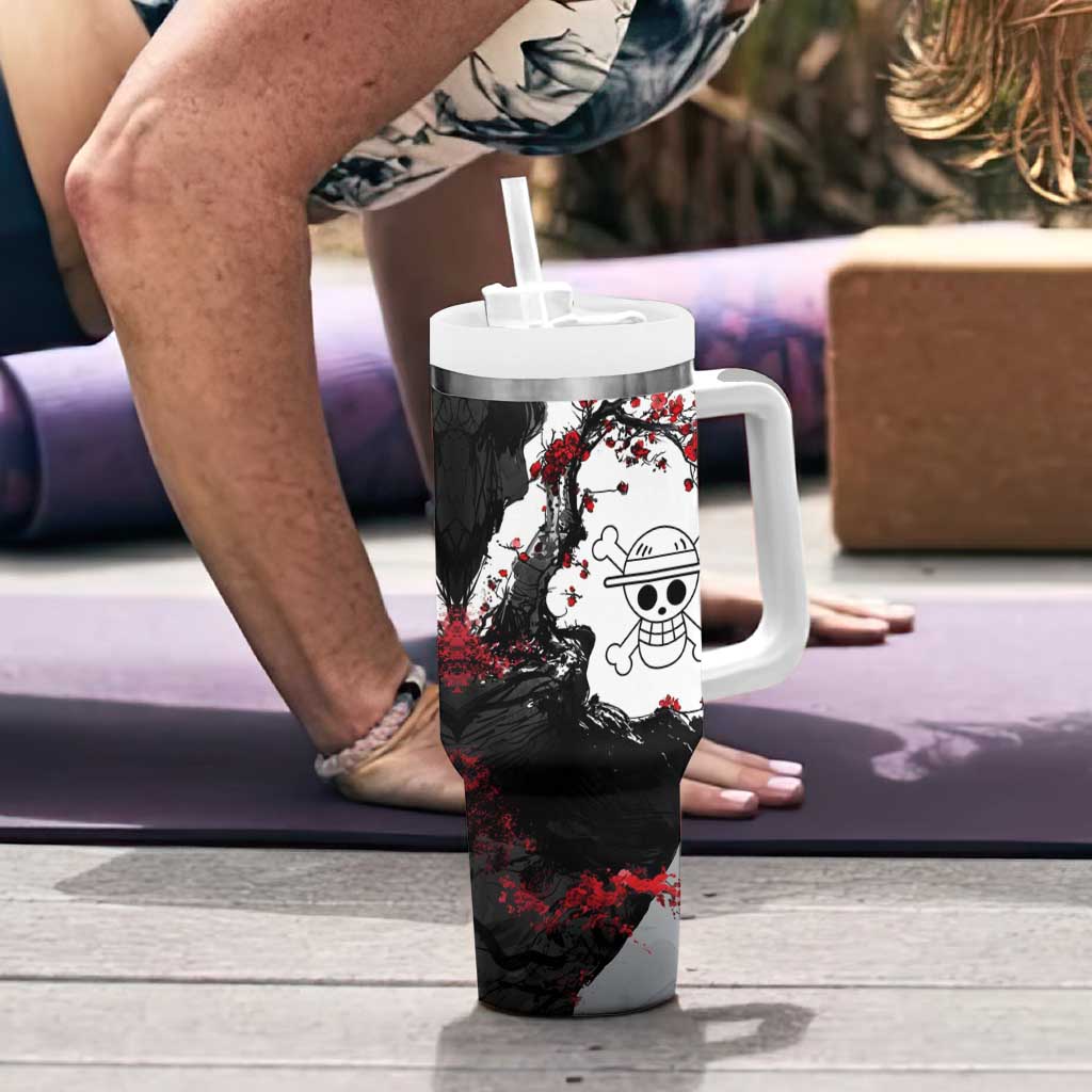 Luffy Gear 3 One Piece Anime White and Red Japanese Art Style Tumbler With Handle with Cherry Blossom Tree and Straw Hat Pirates Jolly Roger - The Mazicc
