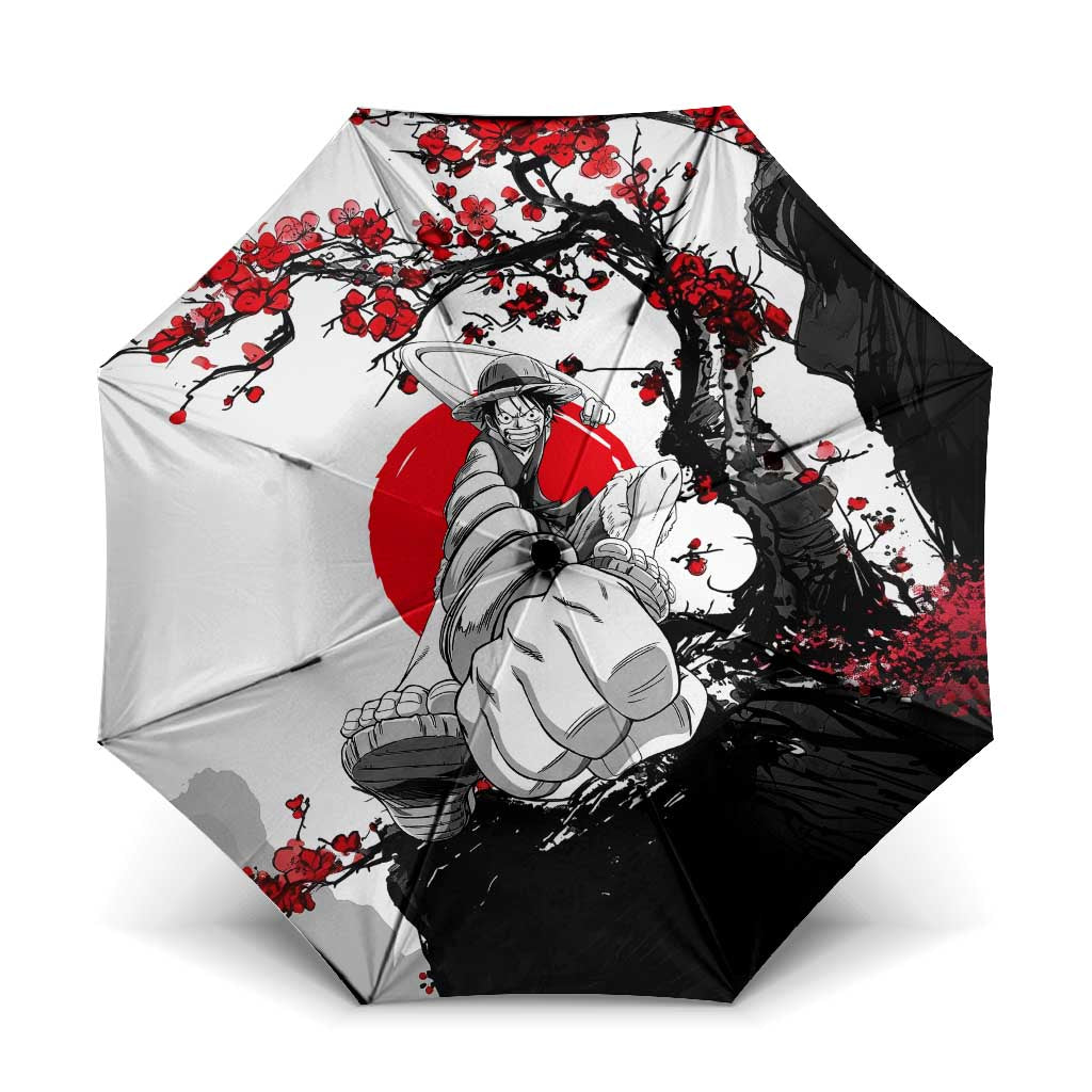 Luffy Gear 3 One Piece Anime White and Red Japanese Art Style Umbrella with Cherry Blossom Tree and Straw Hat Pirates Jolly Roger - The Mazicc
