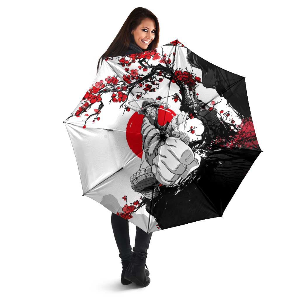 Luffy Gear 3 One Piece Anime White and Red Japanese Art Style Umbrella with Cherry Blossom Tree and Straw Hat Pirates Jolly Roger - The Mazicc