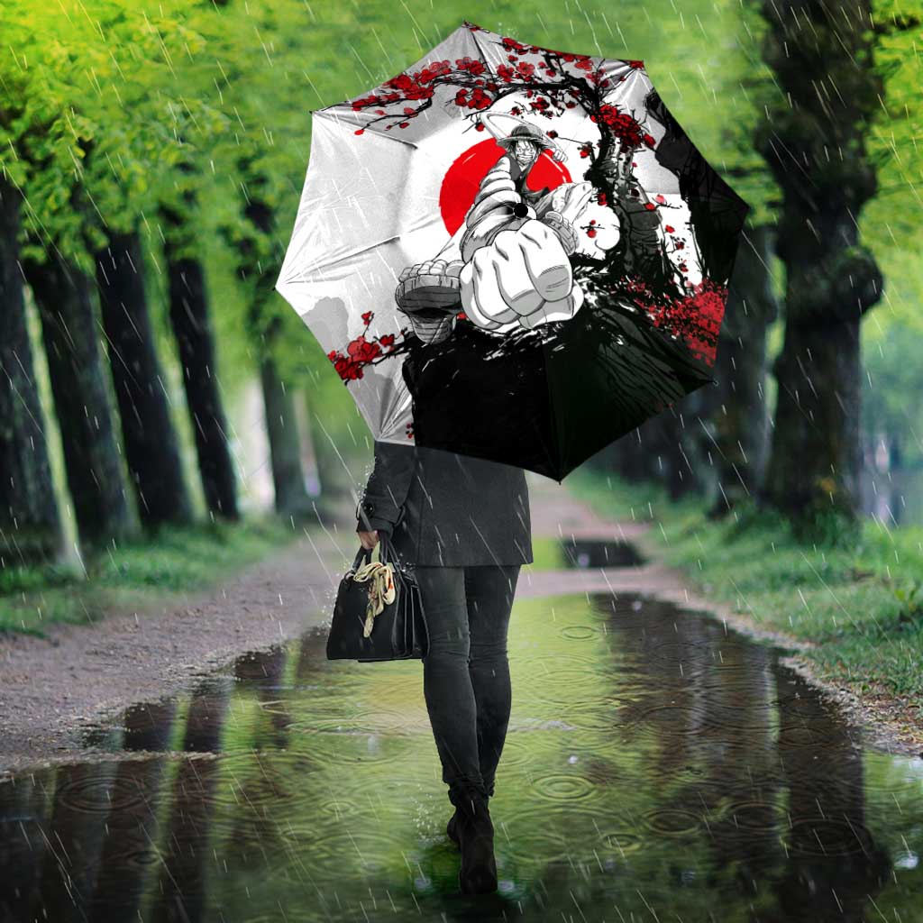 Luffy Gear 3 One Piece Anime White and Red Japanese Art Style Umbrella with Cherry Blossom Tree and Straw Hat Pirates Jolly Roger - The Mazicc