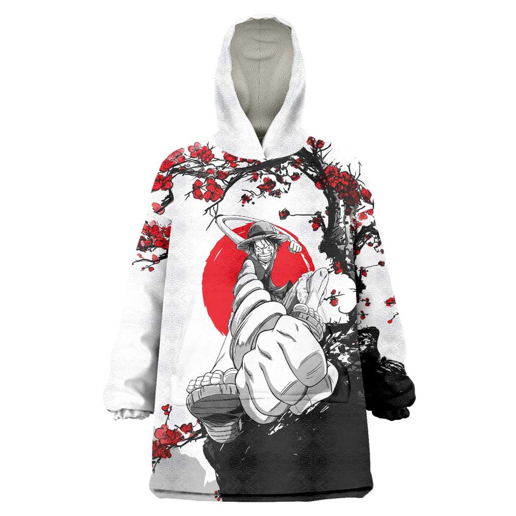 Luffy Gear 3 One Piece Anime White and Red Japanese Art Style Wearable Blanket Hoodie with Cherry Blossom Tree and Straw Hat Pirates Jolly Roger - The Mazicc