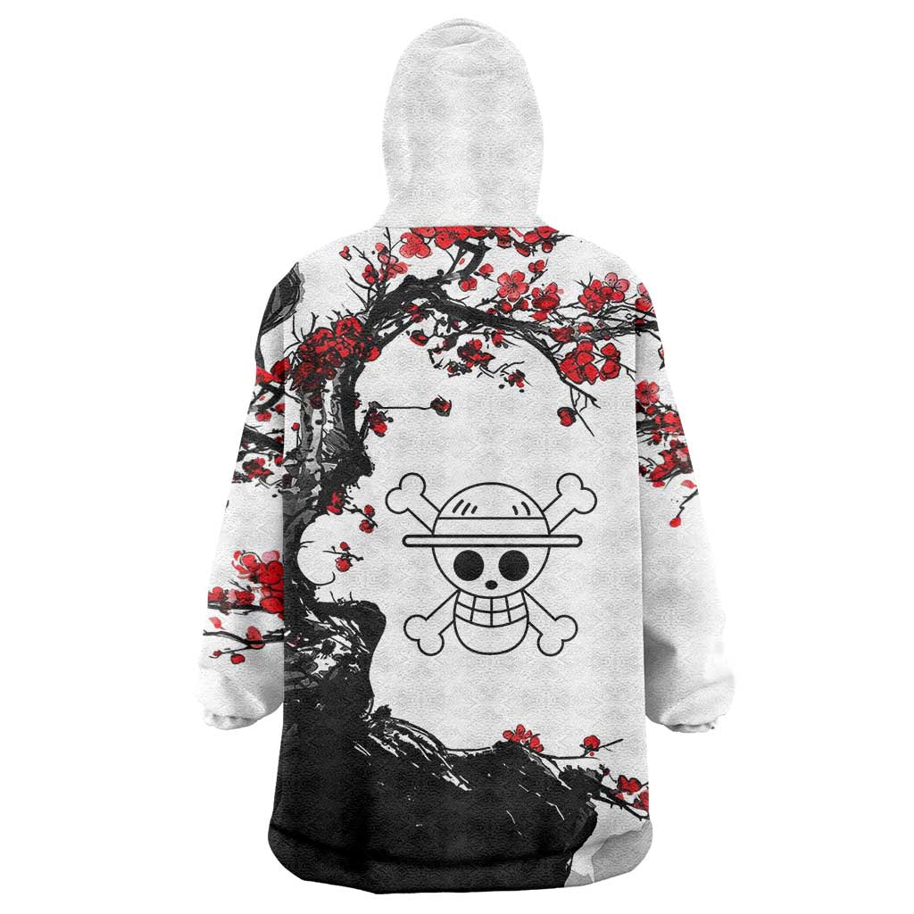 Luffy Gear 3 One Piece Anime White and Red Japanese Art Style Wearable Blanket Hoodie with Cherry Blossom Tree and Straw Hat Pirates Jolly Roger - The Mazicc
