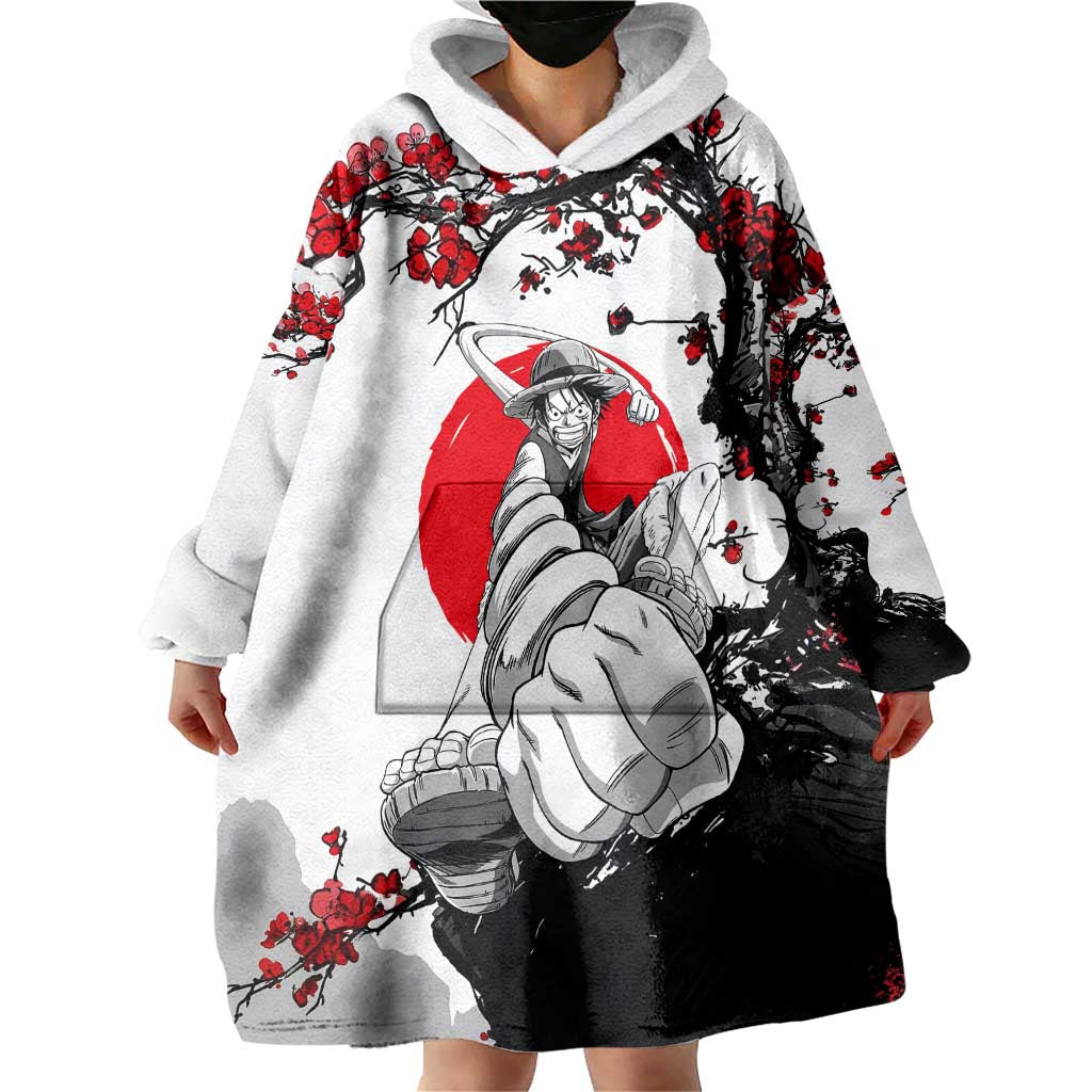 Luffy Gear 3 One Piece Anime White and Red Japanese Art Style Wearable Blanket Hoodie with Cherry Blossom Tree and Straw Hat Pirates Jolly Roger - The Mazicc