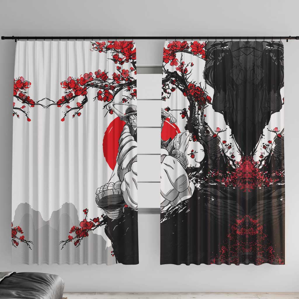 Luffy Gear 3 One Piece Anime White and Red Japanese Art Style Window Curtain with Cherry Blossom Tree and Straw Hat Pirates Jolly Roger - The Mazicc