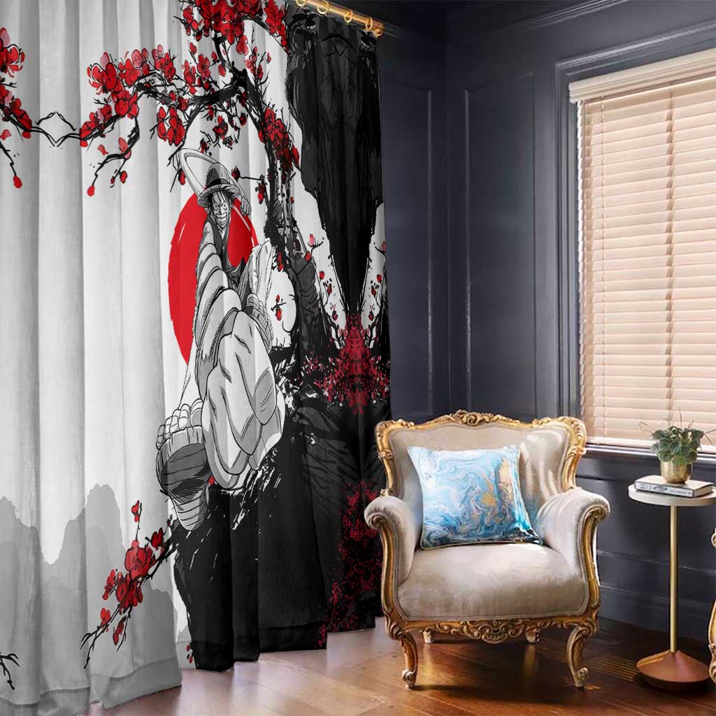 Luffy Gear 3 One Piece Anime White and Red Japanese Art Style Window Curtain with Cherry Blossom Tree and Straw Hat Pirates Jolly Roger - The Mazicc
