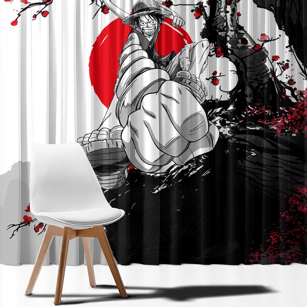 Luffy Gear 3 One Piece Anime White and Red Japanese Art Style Window Curtain with Cherry Blossom Tree and Straw Hat Pirates Jolly Roger - The Mazicc