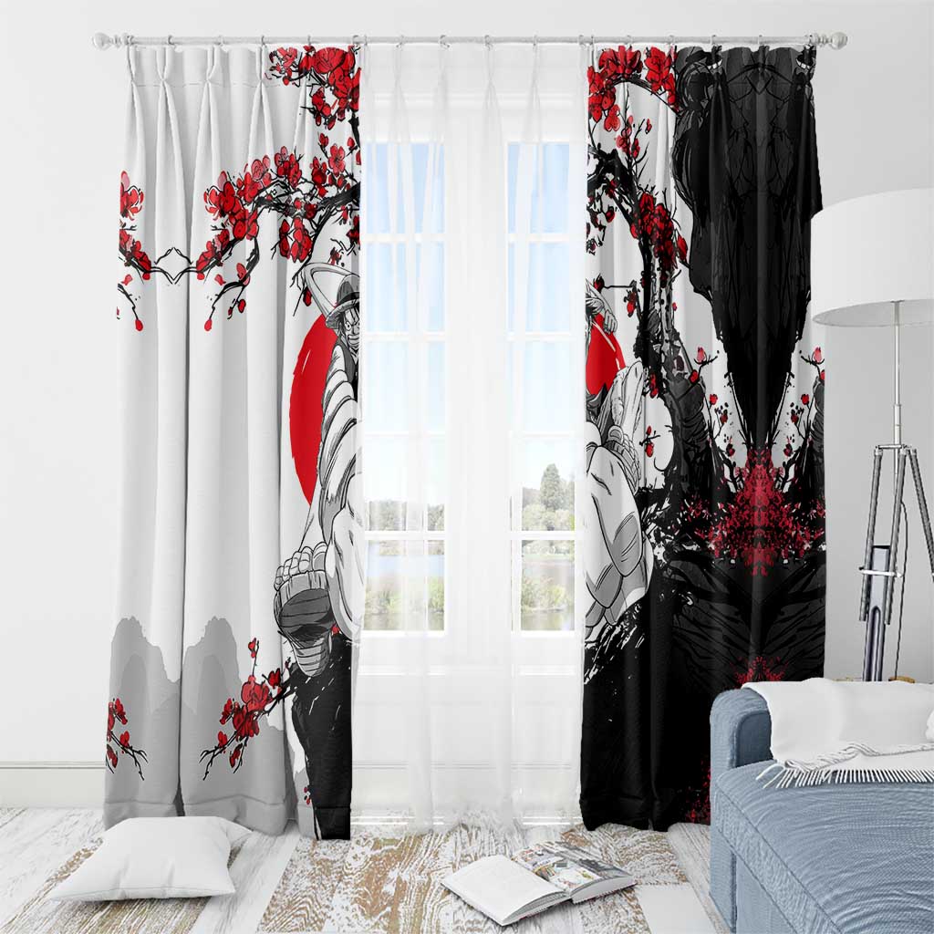 Luffy Gear 3 One Piece Anime White and Red Japanese Art Style Window Curtain with Cherry Blossom Tree and Straw Hat Pirates Jolly Roger - The Mazicc