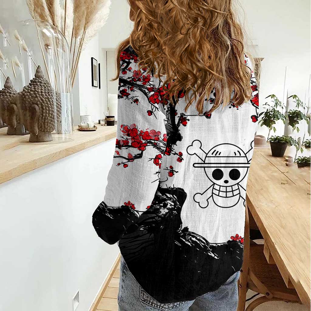 Luffy Gear 3 One Piece Anime White and Red Japanese Art Style Women Casual Shirt with Cherry Blossom Tree and Straw Hat Pirates Jolly Roger - The Mazicc