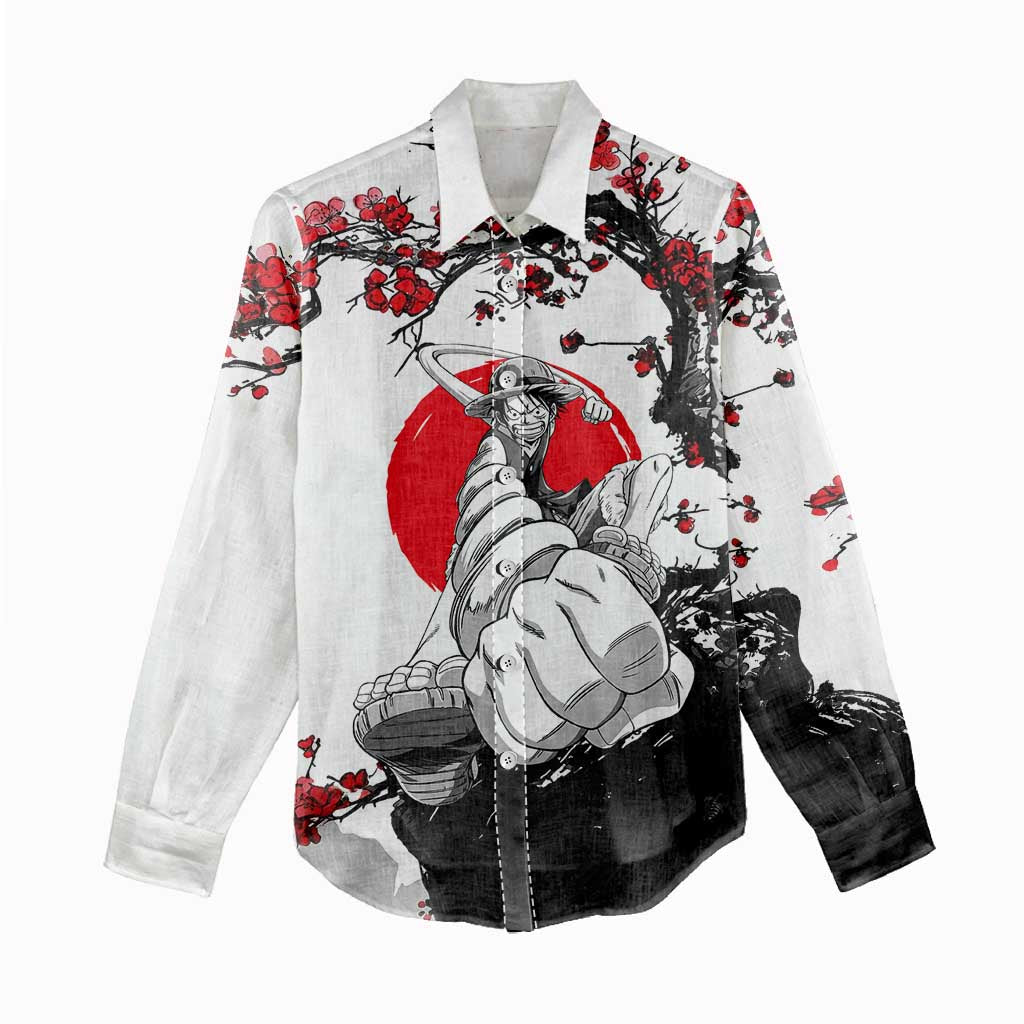Luffy Gear 3 One Piece Anime White and Red Japanese Art Style Women Casual Shirt with Cherry Blossom Tree and Straw Hat Pirates Jolly Roger - The Mazicc