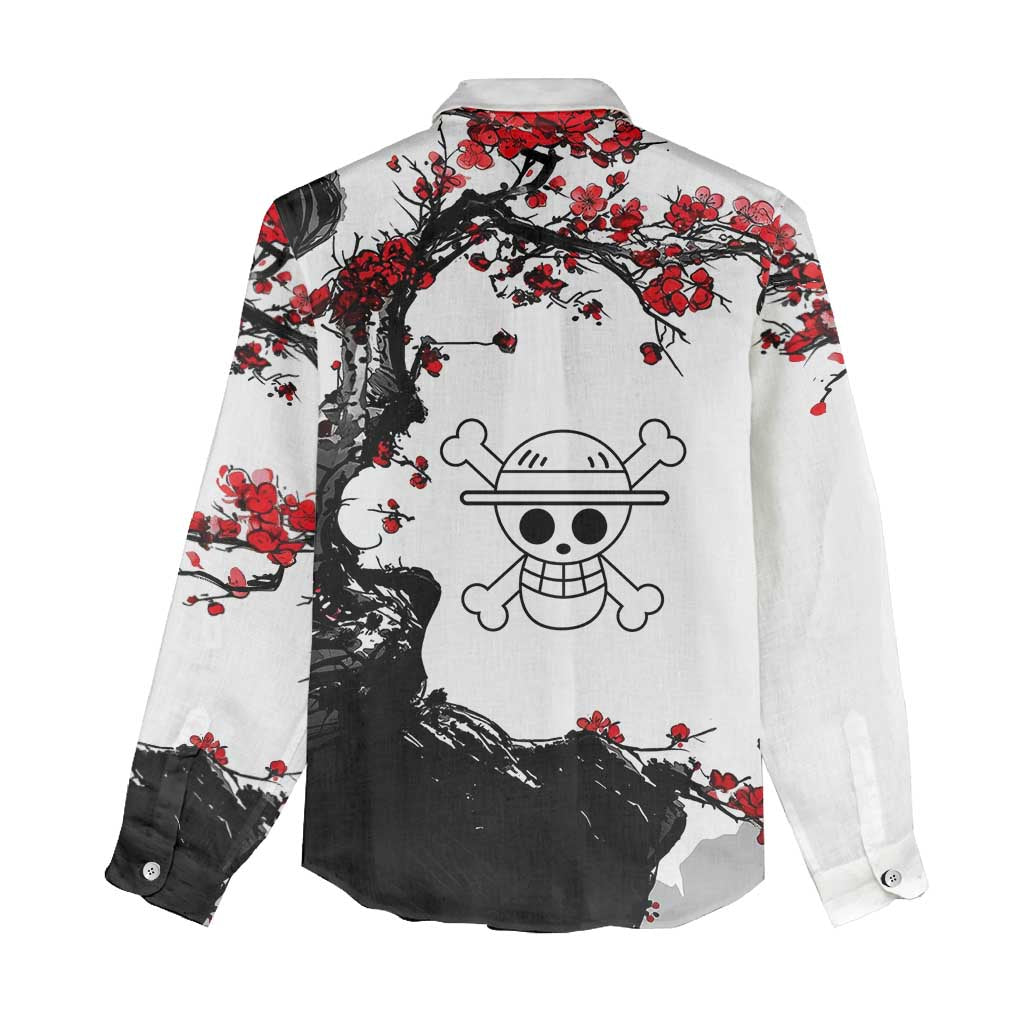 Luffy Gear 3 One Piece Anime White and Red Japanese Art Style Women Casual Shirt with Cherry Blossom Tree and Straw Hat Pirates Jolly Roger - The Mazicc