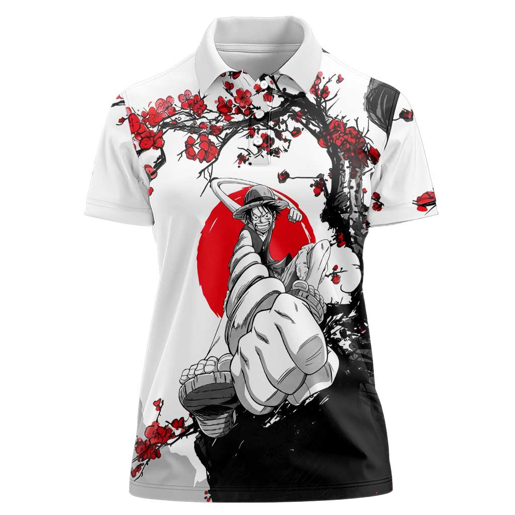 Luffy Gear 3 One Piece Anime White and Red Japanese Art Style Women Polo Shirt with Cherry Blossom Tree and Straw Hat Pirates Jolly Roger - The Mazicc