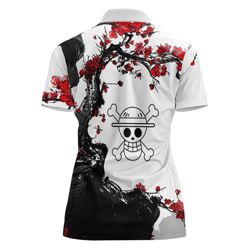 Luffy Gear 3 One Piece Anime White and Red Japanese Art Style Women Polo Shirt with Cherry Blossom Tree and Straw Hat Pirates Jolly Roger - The Mazicc