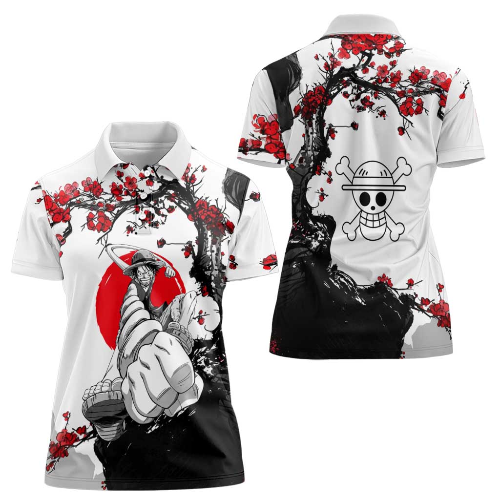 Luffy Gear 3 One Piece Anime White and Red Japanese Art Style Women Polo Shirt with Cherry Blossom Tree and Straw Hat Pirates Jolly Roger - The Mazicc