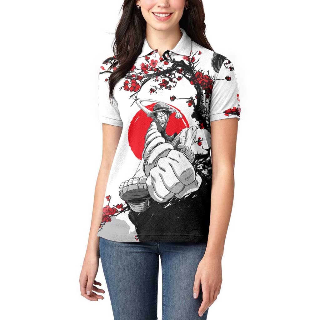 Luffy Gear 3 One Piece Anime White and Red Japanese Art Style Women Polo Shirt with Cherry Blossom Tree and Straw Hat Pirates Jolly Roger - The Mazicc