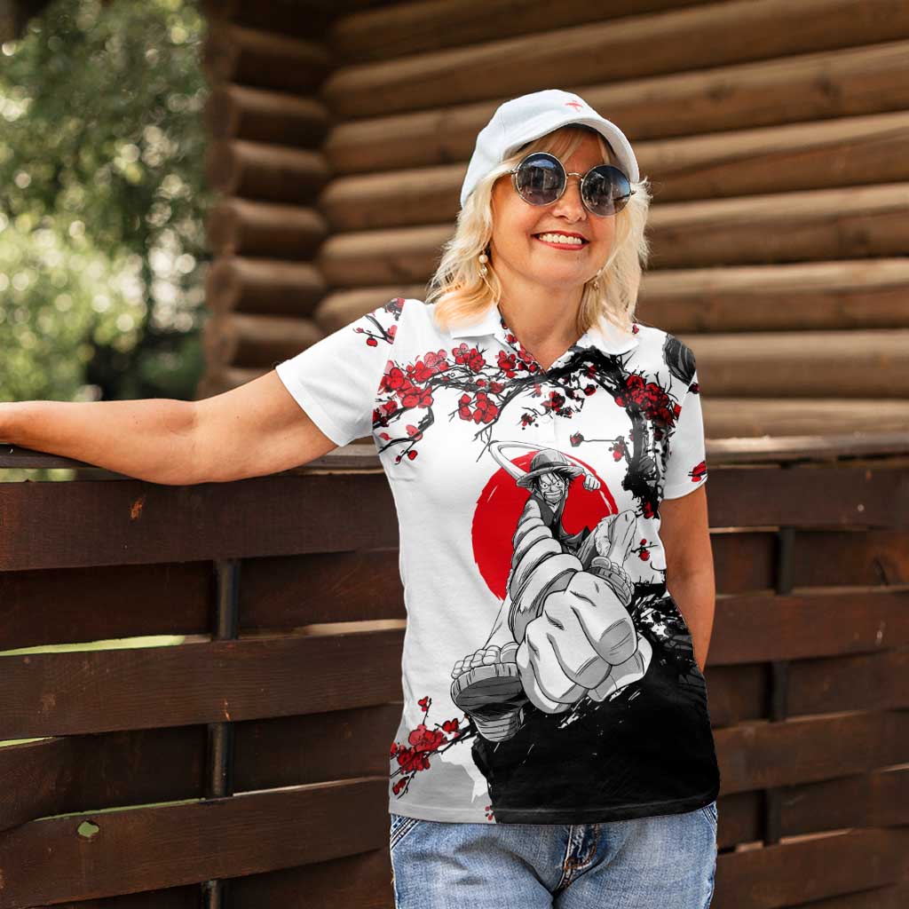 Luffy Gear 3 One Piece Anime White and Red Japanese Art Style Women Polo Shirt with Cherry Blossom Tree and Straw Hat Pirates Jolly Roger - The Mazicc