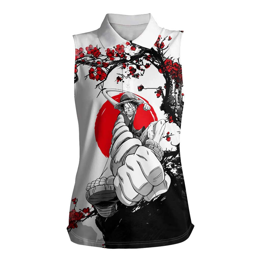 Luffy Gear 3 One Piece Anime White and Red Japanese Art Style Women Sleeveless Polo Shirt with Cherry Blossom Tree and Straw Hat Pirates Jolly Roger - The Mazicc