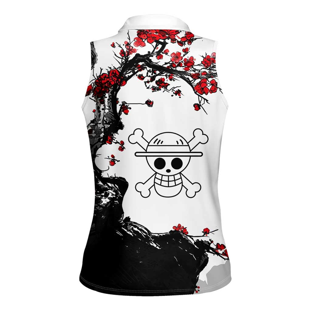 Luffy Gear 3 One Piece Anime White and Red Japanese Art Style Women Sleeveless Polo Shirt with Cherry Blossom Tree and Straw Hat Pirates Jolly Roger - The Mazicc