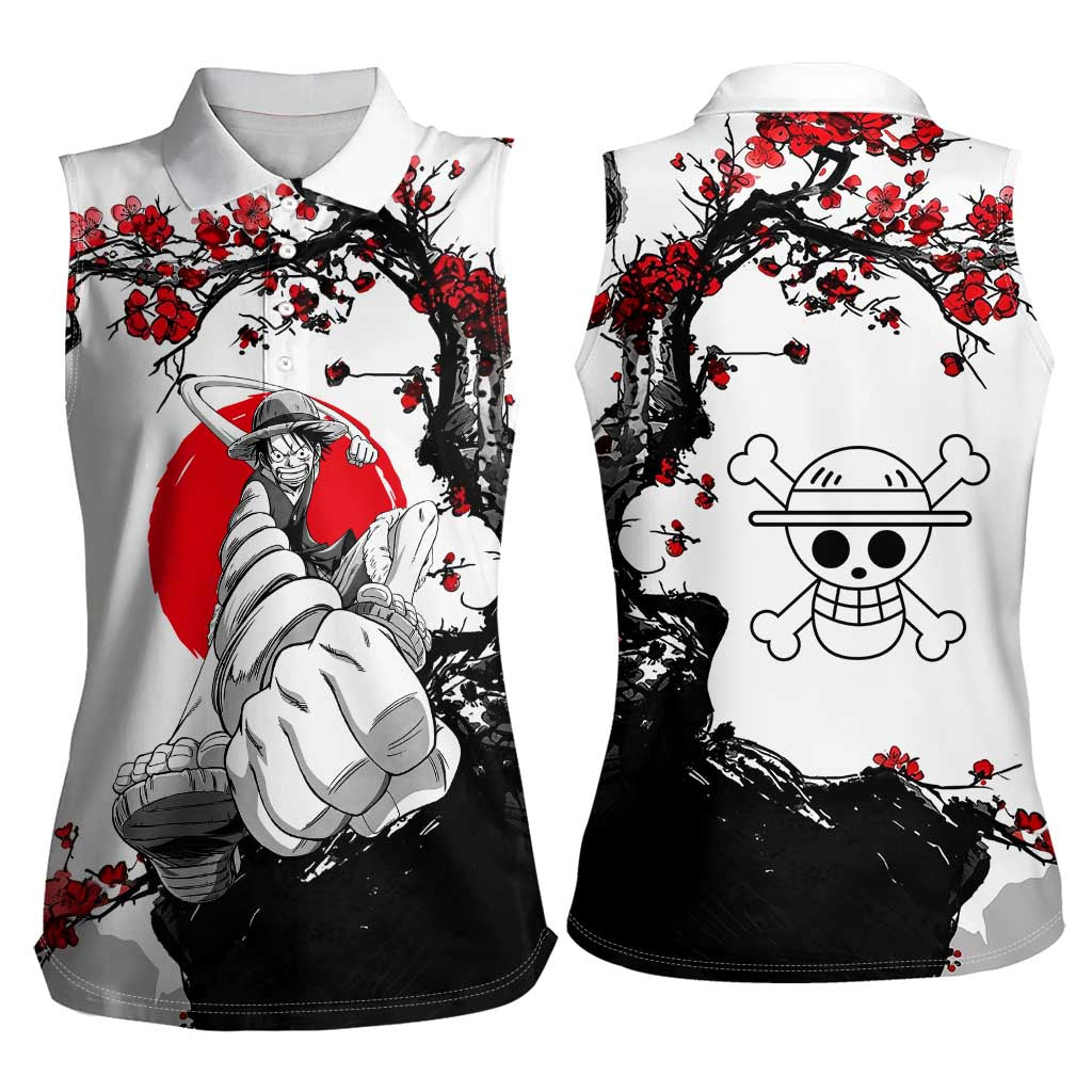 Luffy Gear 3 One Piece Anime White and Red Japanese Art Style Women Sleeveless Polo Shirt with Cherry Blossom Tree and Straw Hat Pirates Jolly Roger - The Mazicc