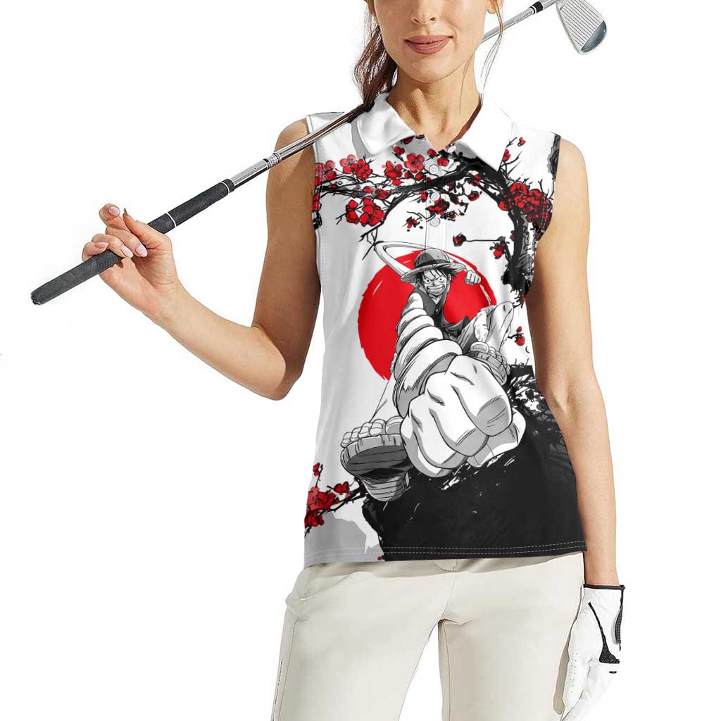 Luffy Gear 3 One Piece Anime White and Red Japanese Art Style Women Sleeveless Polo Shirt with Cherry Blossom Tree and Straw Hat Pirates Jolly Roger - The Mazicc