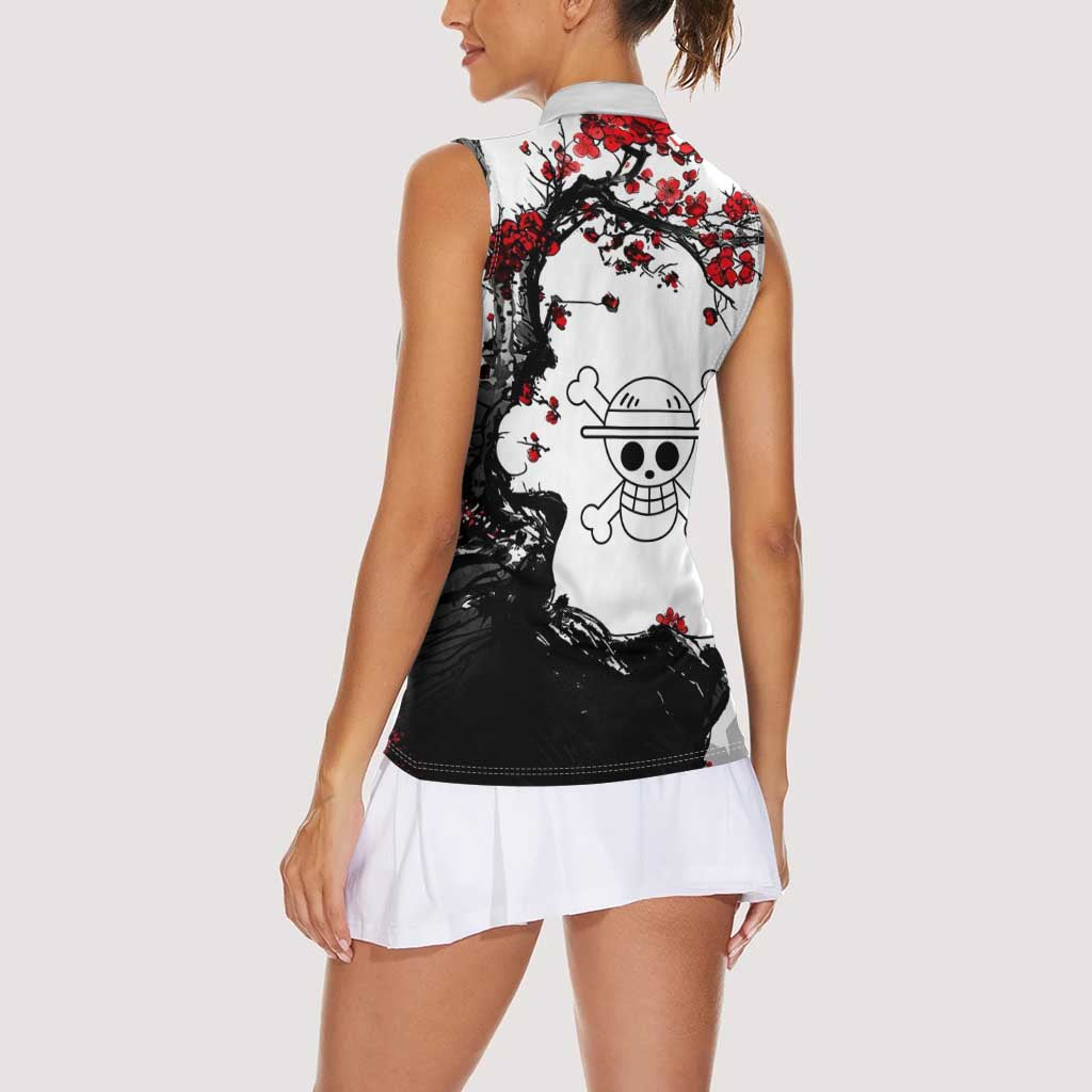 Luffy Gear 3 One Piece Anime White and Red Japanese Art Style Women Sleeveless Polo Shirt with Cherry Blossom Tree and Straw Hat Pirates Jolly Roger - The Mazicc