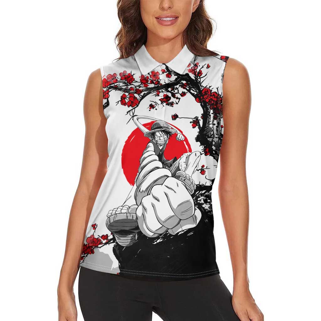 Luffy Gear 3 One Piece Anime White and Red Japanese Art Style Women Sleeveless Polo Shirt with Cherry Blossom Tree and Straw Hat Pirates Jolly Roger - The Mazicc