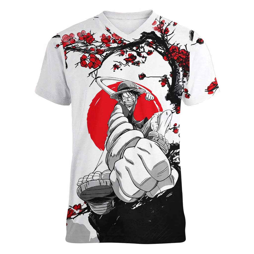 Luffy Gear 3 One Piece Anime White and Red Japanese Art Style Women V-Neck T-Shirt with Cherry Blossom Tree and Straw Hat Pirates Jolly Roger - The Mazicc