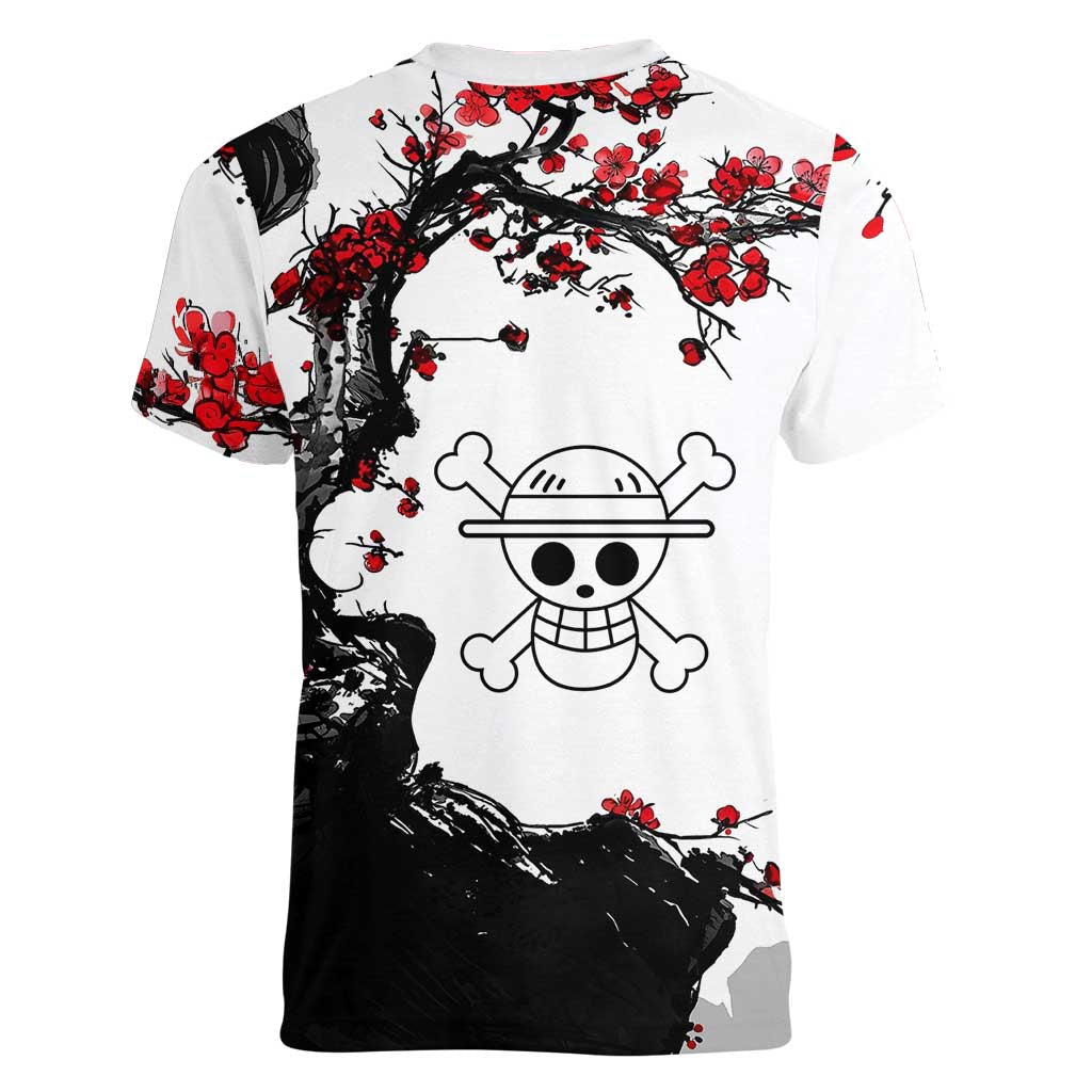 Luffy Gear 3 One Piece Anime White and Red Japanese Art Style Women V-Neck T-Shirt with Cherry Blossom Tree and Straw Hat Pirates Jolly Roger - The Mazicc