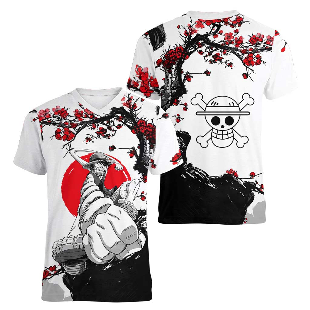 Luffy Gear 3 One Piece Anime White and Red Japanese Art Style Women V-Neck T-Shirt with Cherry Blossom Tree and Straw Hat Pirates Jolly Roger - The Mazicc